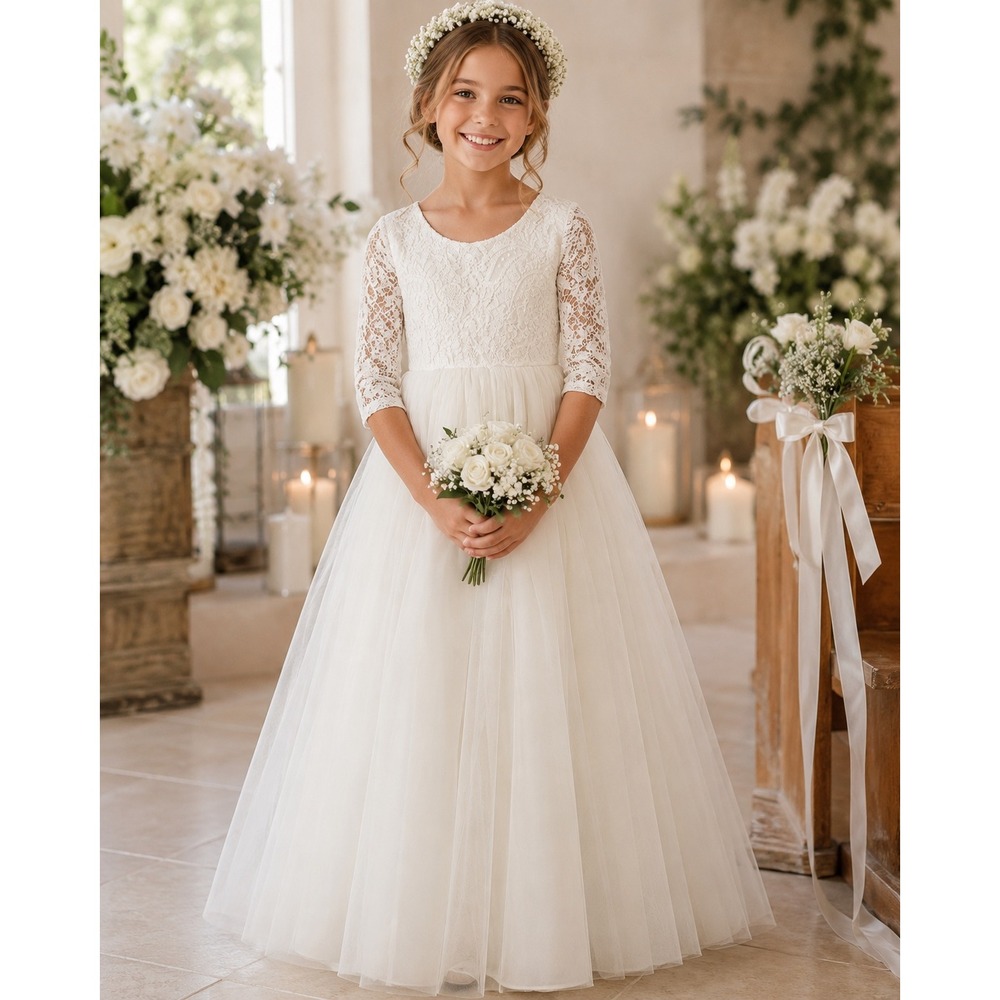 Topmaker Girls White Lace Tulle Flower Girl Dress V-Back Communion Size 130